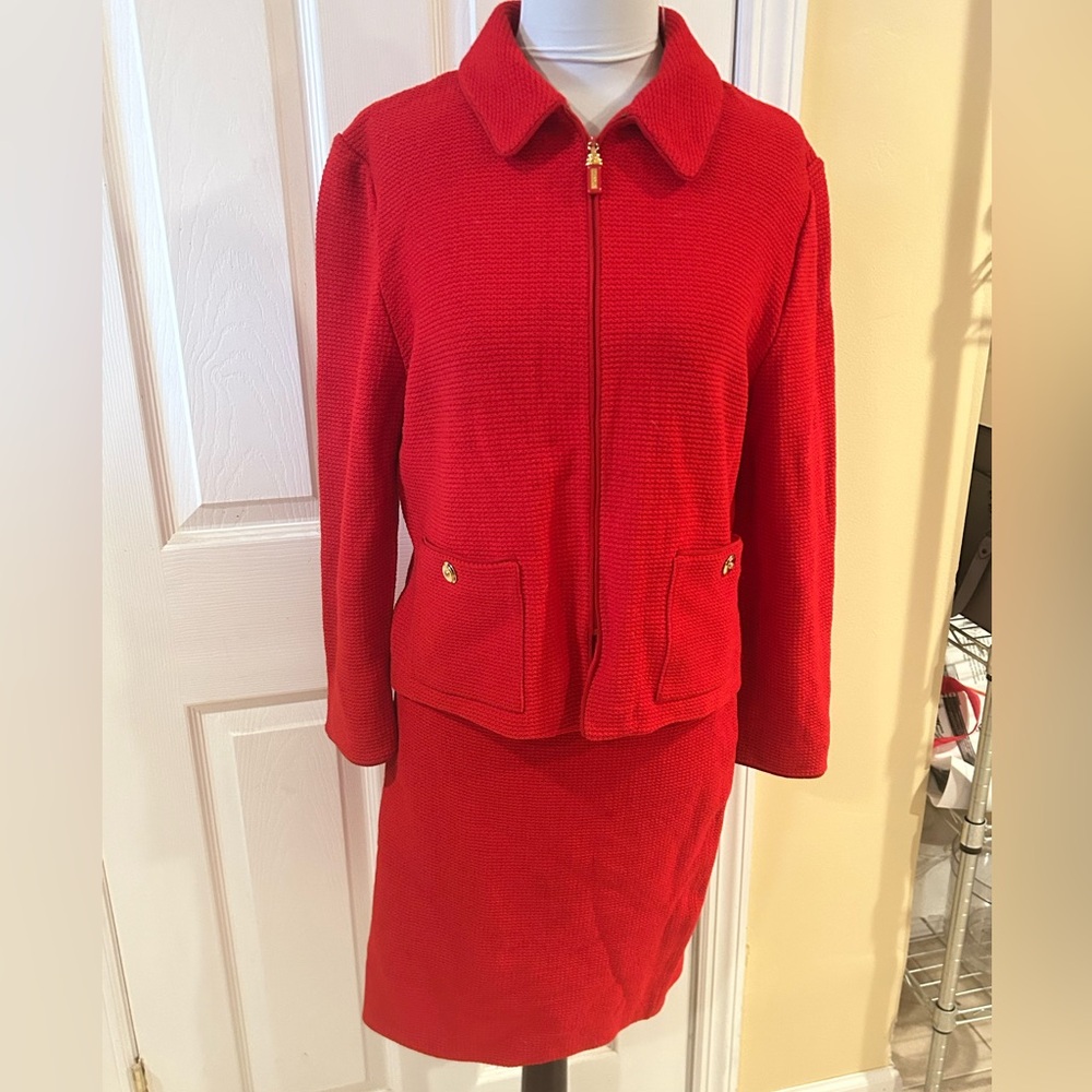 St. John Red Santana Knit Skirt Jacket Suit 10/12 HOLIDAY